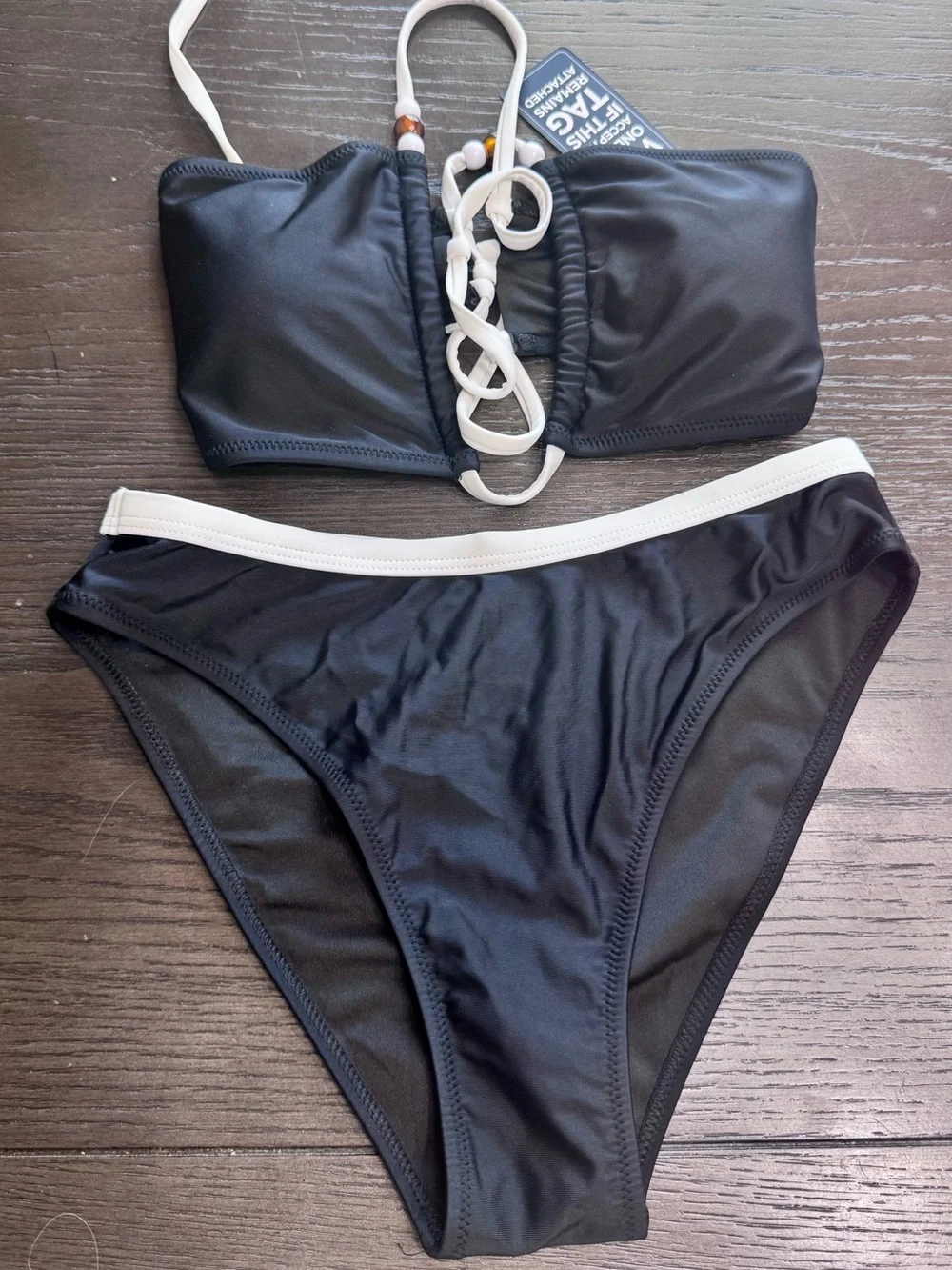 BMJL NWT Black White Bandeau Lace-Up Bikini Set Beaded Halter Size Small